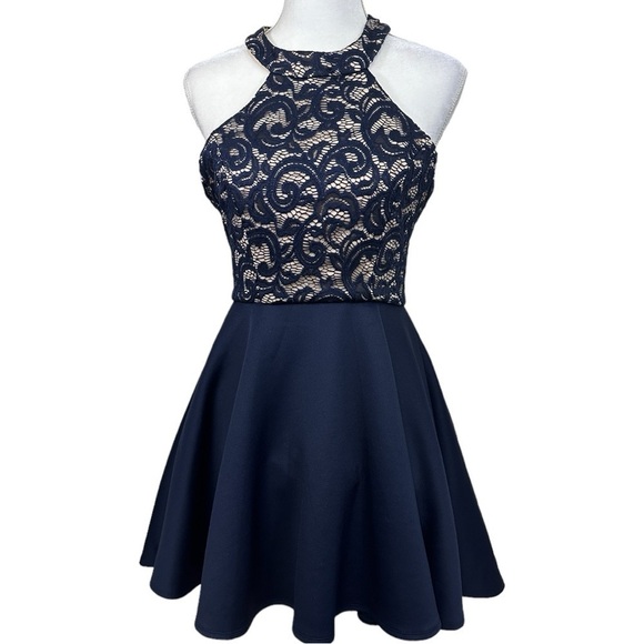 B. Darlin Navy Blue w/ Lace Halter Top Short Prom Dress- Size 6/7 - Picture 1 of 7